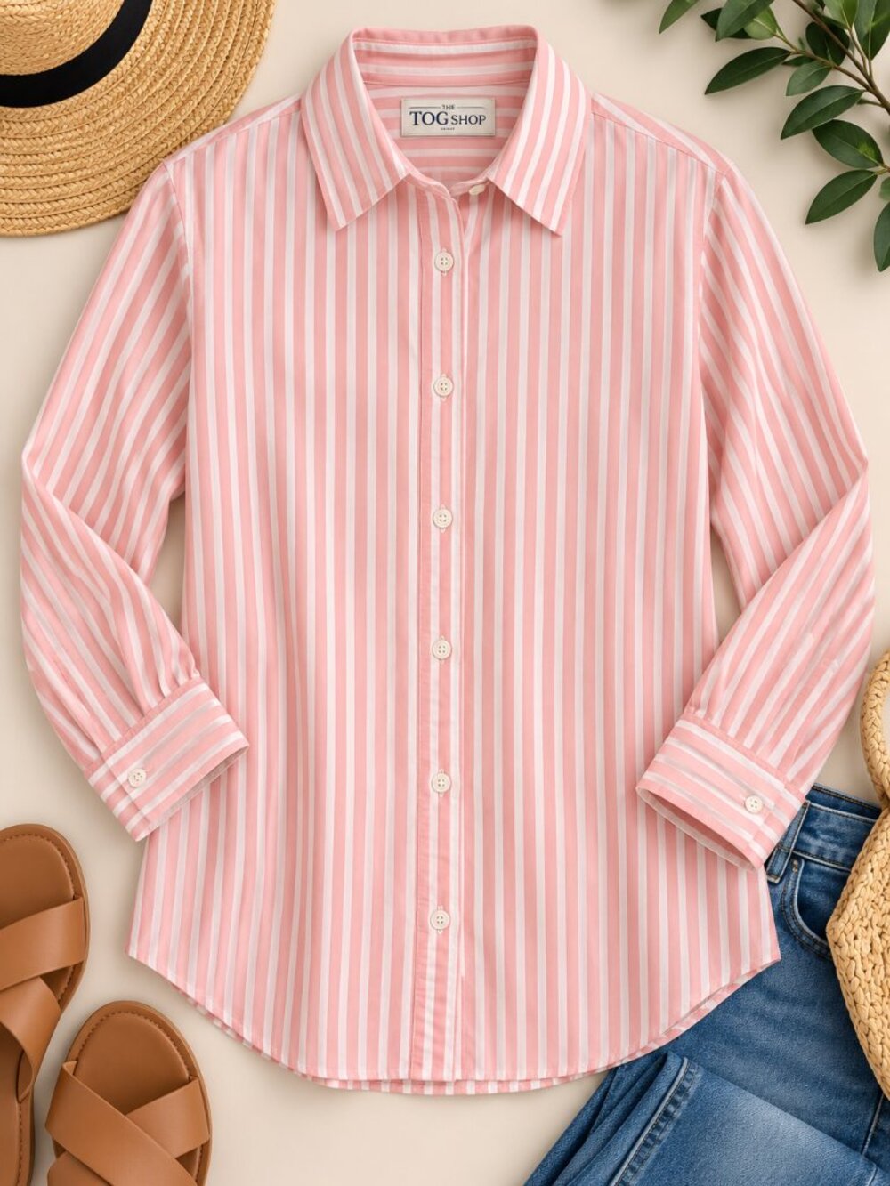 The Tog Shop Pink White Striped Button Down Shirt Women’s 14 Cotton Stretch Prep